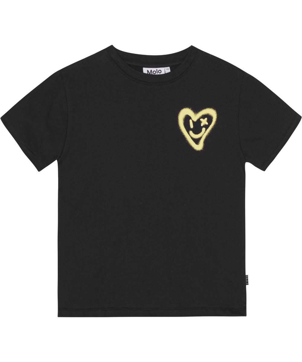 Rodney - Black - Sort økologisk t-shirt med gult spraymalet hjerteprint