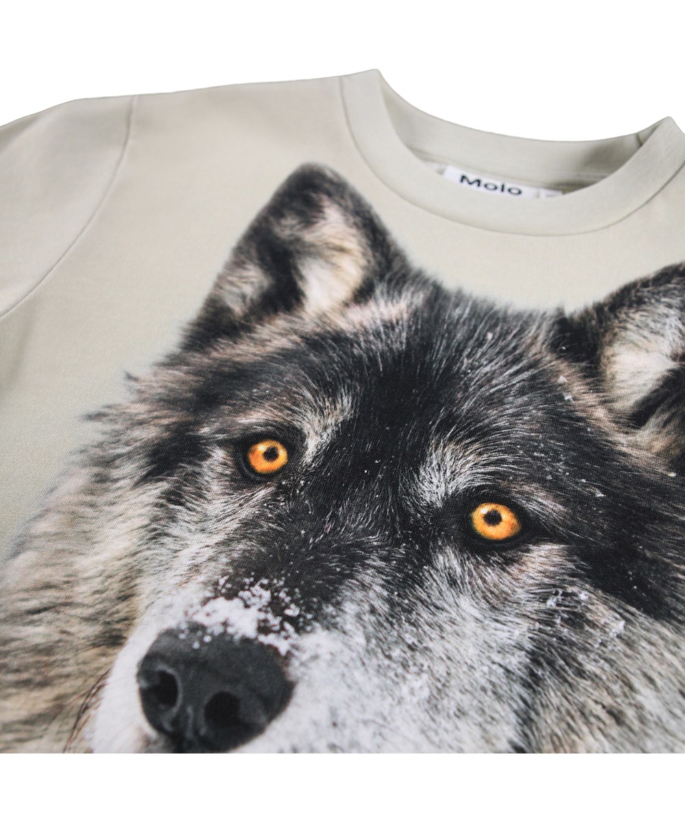 Rollo - Two Wolves - Beige sweatshirt til børn i blødt økologisk bomuld med ribkant i halsen og et print af to ulve.