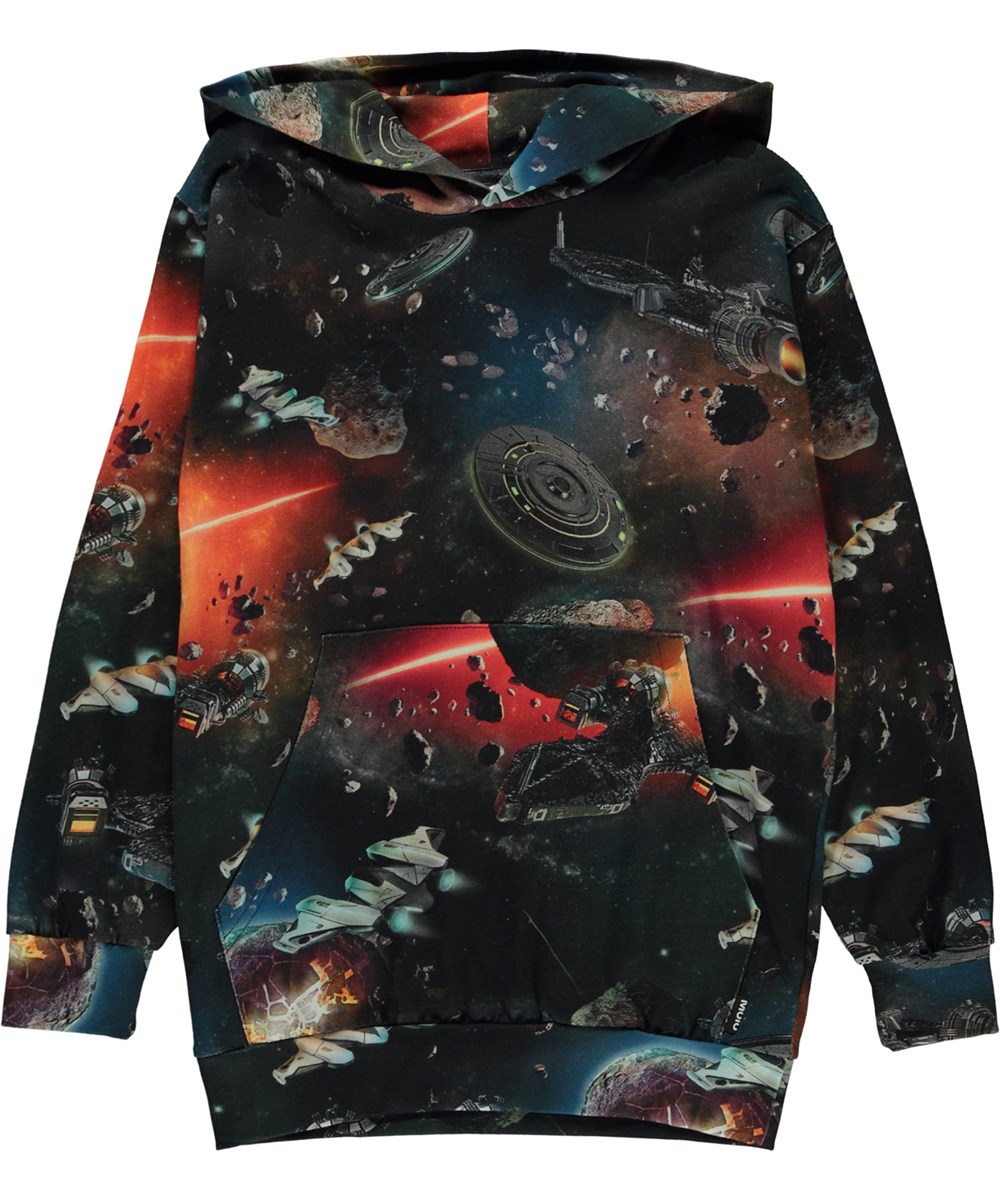 Romo - Space Fantasy - Sort økologisk hættetrøje i allover retro space print