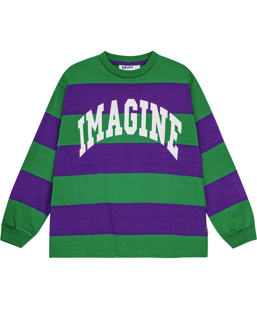 Ron - Nightshade Pine - Grøn og lilla stribet bluse i økologisk bomuld med "Imagine" print