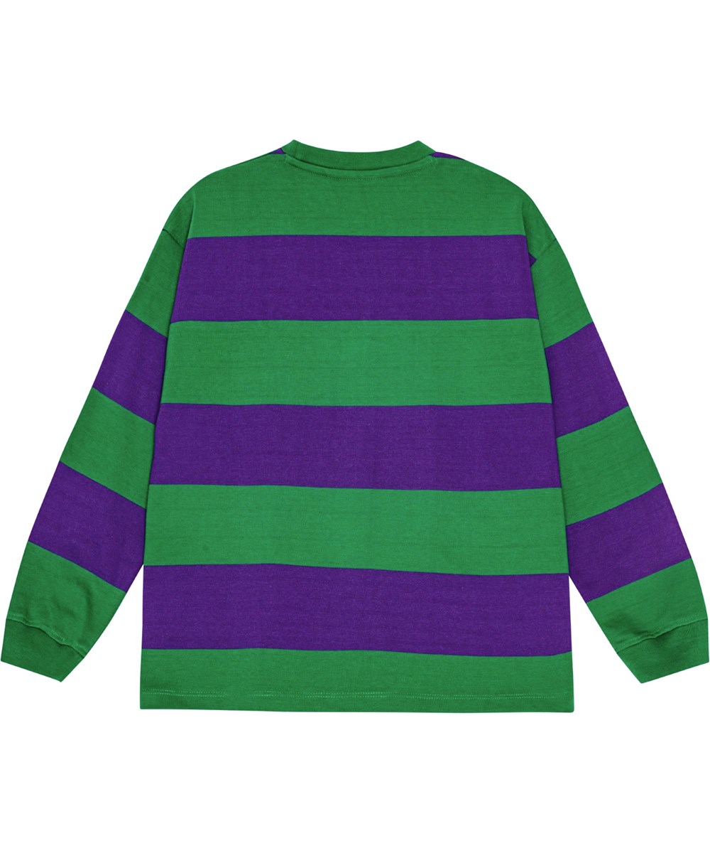 Ron - Nightshade Pine - Grøn og lilla stribet bluse i økologisk bomuld med "Imagine" print