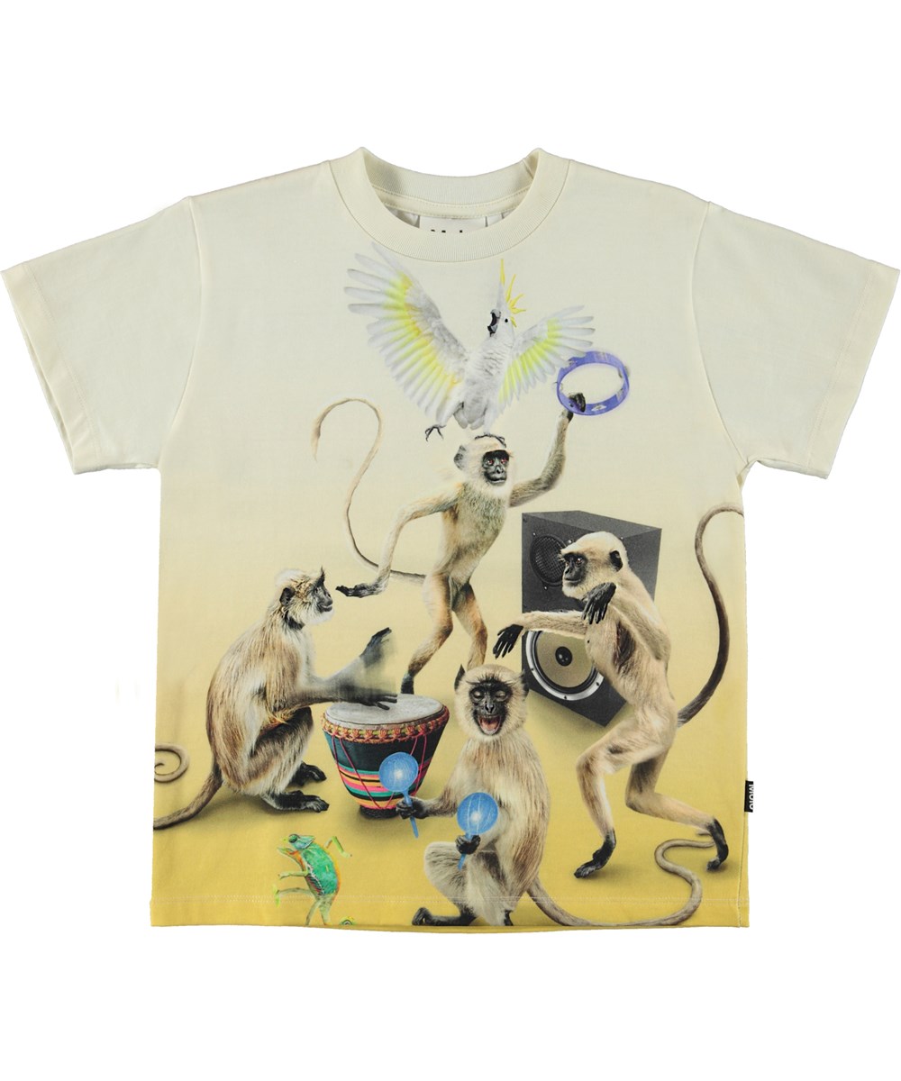 Roxo - Dancing Monkeys - T-shirt med danse aber og instrumenter print.