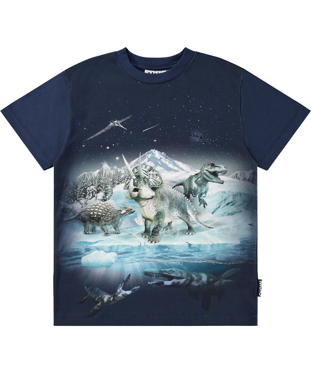 Roxo - Dino Night - Mørkeblå t-shirt i økologisk bomuld med vinter dino print