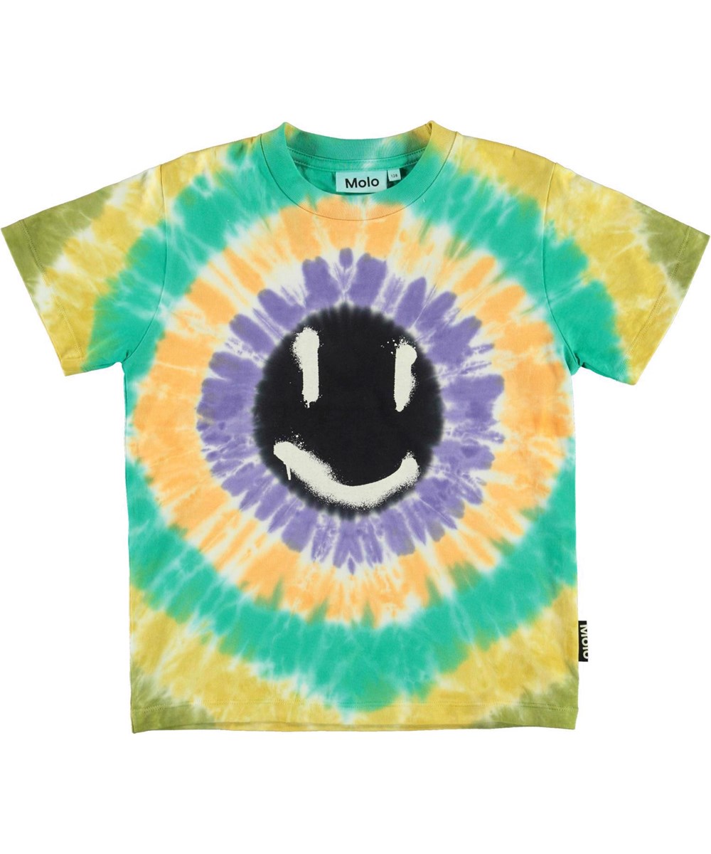 Roxo - Multi Happy - T-shirt med farverigt tie dye og print af smileyer.