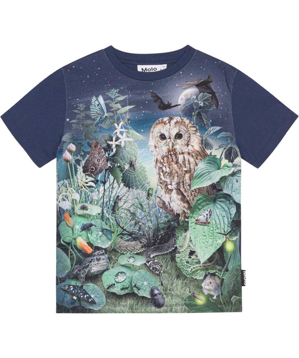 Roxo - Night Garden - Gråblå økologisk t-shirt med placement natur nat print