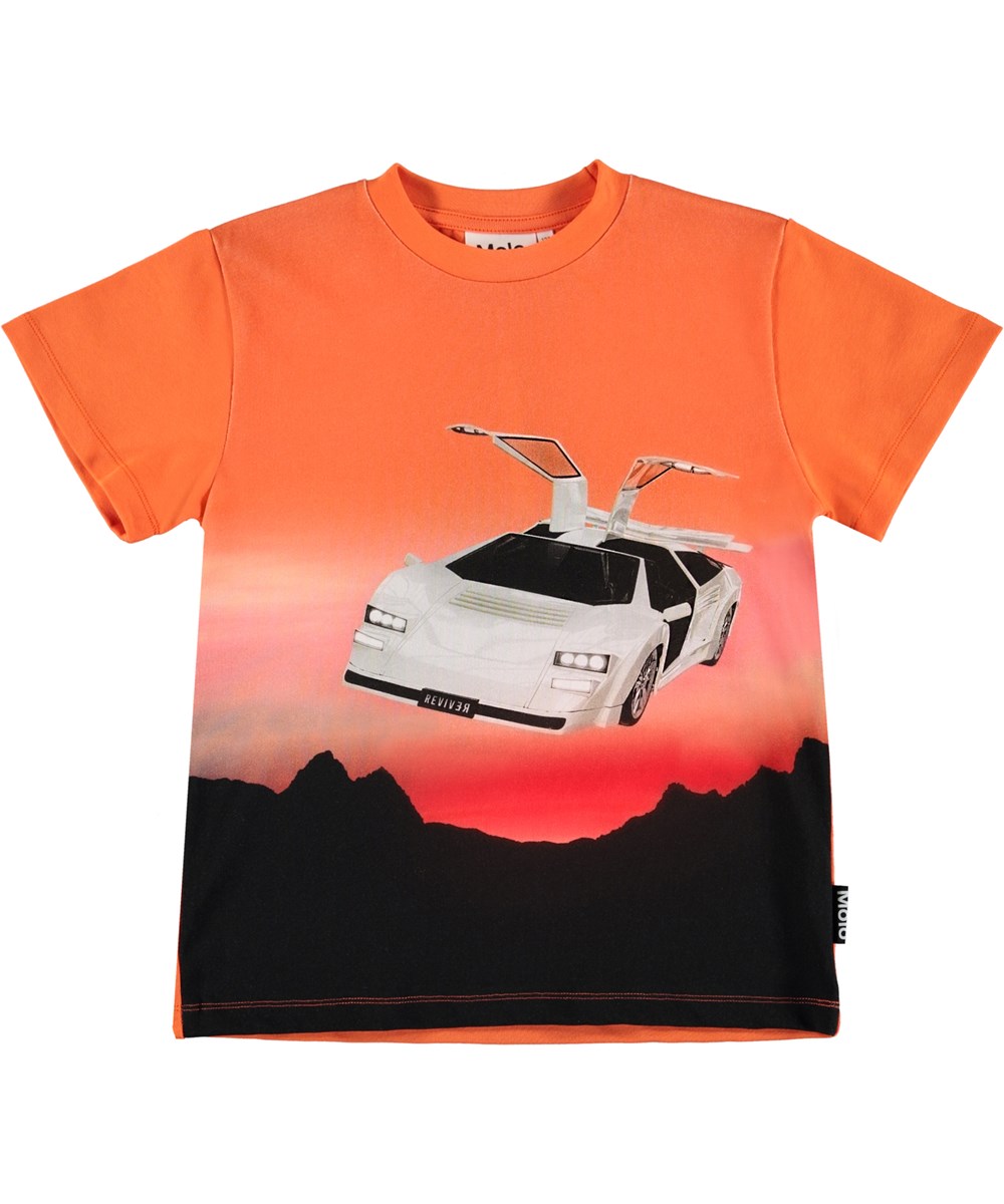 Roxo - Physalis - Orange t-shirt med flyvende bil print.