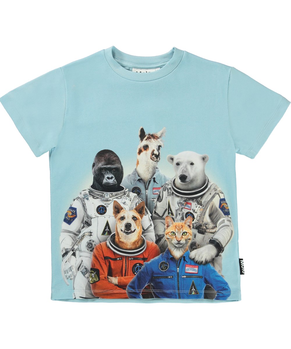 Roxo - Space Crew Blue - Økologisk lyseblå t-shirt med dyr i rummet