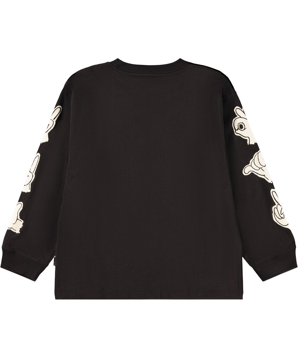 Rube - By Hands - Sort, langærmet bluse til børn i økologisk bomuld med ribkant i hals og ærmer med print af søde og sjove håndtegn.