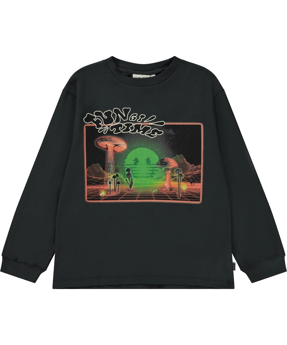 Rube - Dark Sky - Sort økologisk langærmet t-shirt med retro computerprint