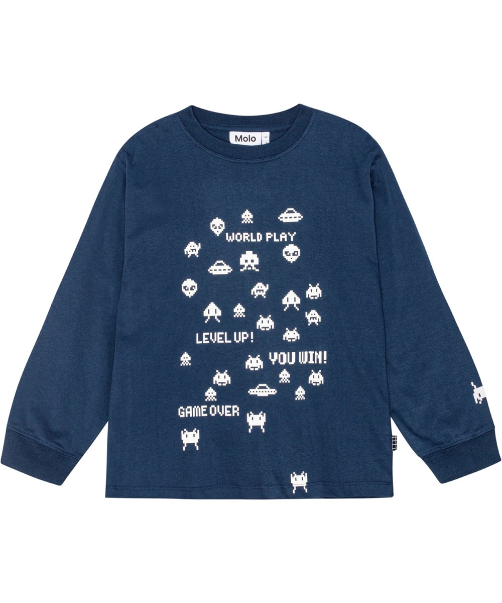 Rube - Game Over White - Blå langærmet bluse i økologisk bomuld med arkade pixel print