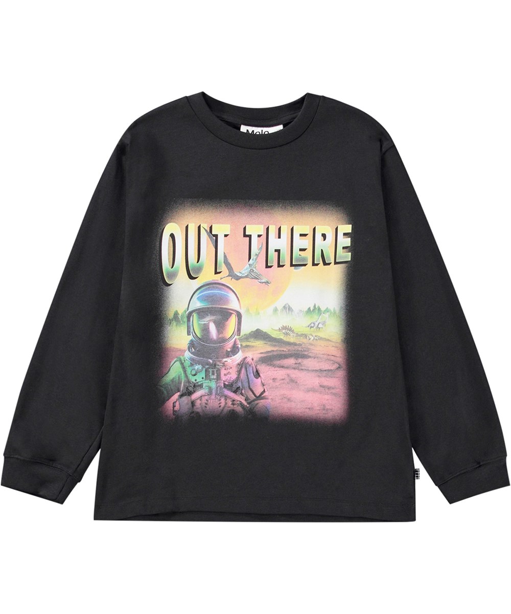 Rube - Out There Black - Sort langærmet bluse i økologisk bomuld med astronaut print