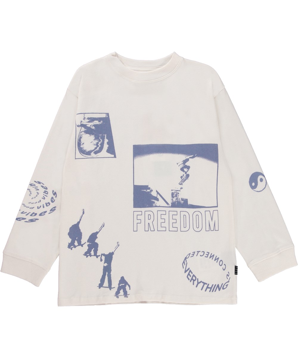 Rube - Naturelle - Hvid økologisk langærmet t-shirt med placement collageprint