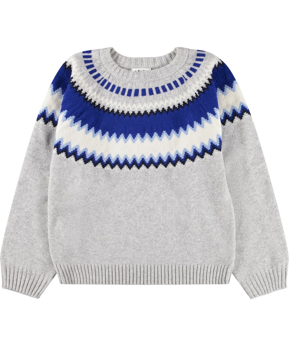Baes wool - Nordic Blues - Lysegrå striktrøje til børn i uld med blåt nordisk inspireret mønster.