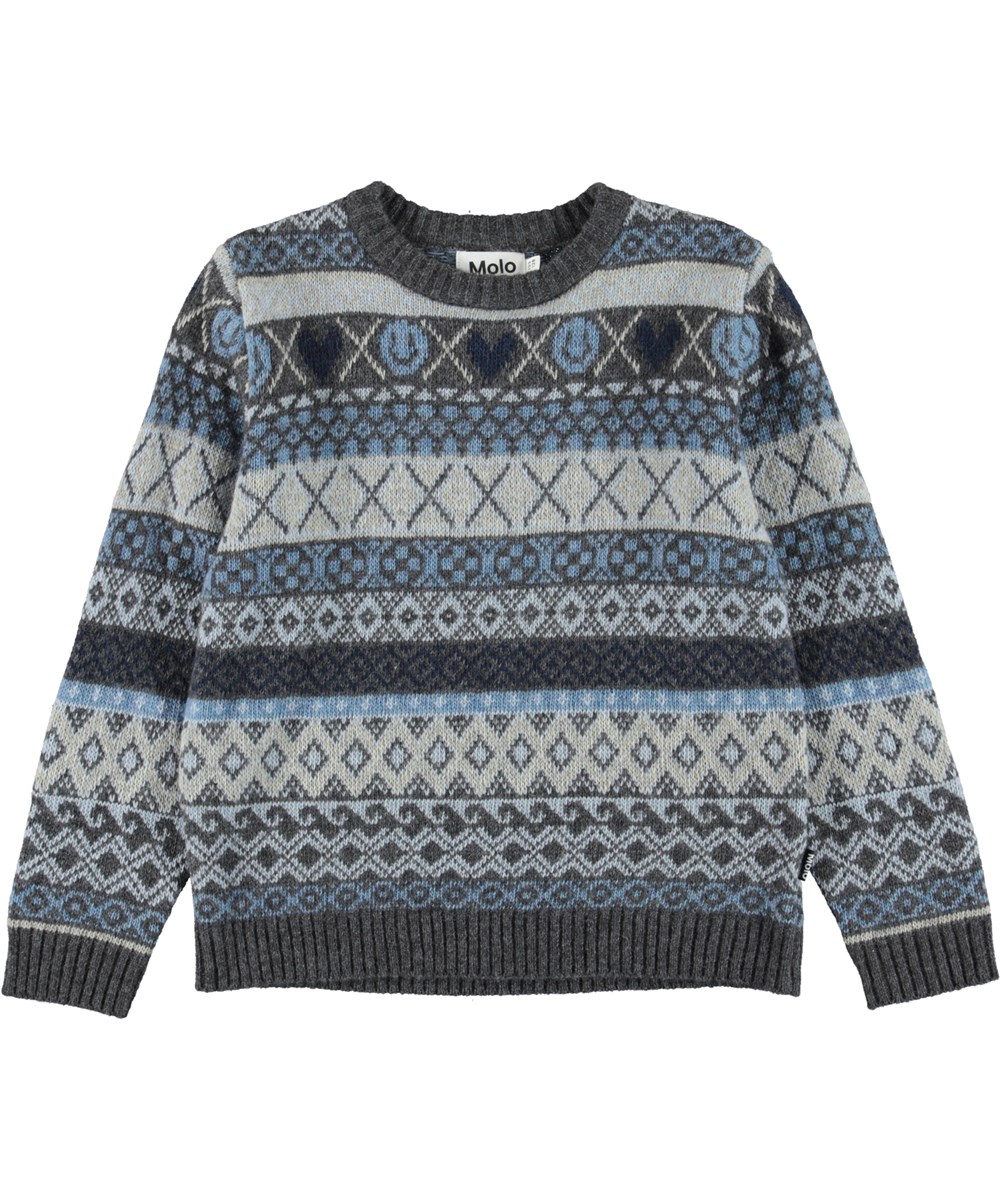 Barri - Blue And Grey - Islandsk sweater med smiley strik