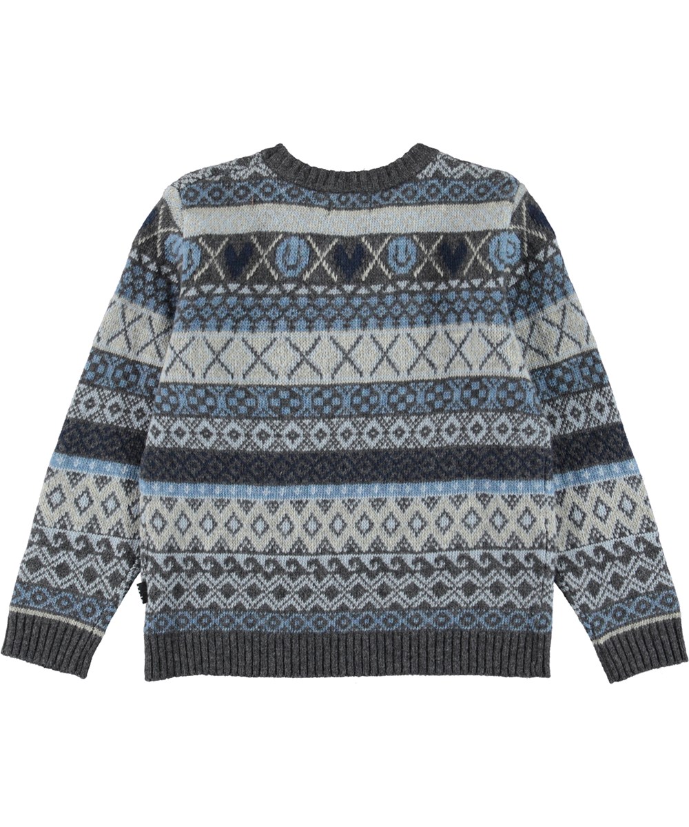 Barri - Blue And Grey - Islandsk sweater med smiley strik