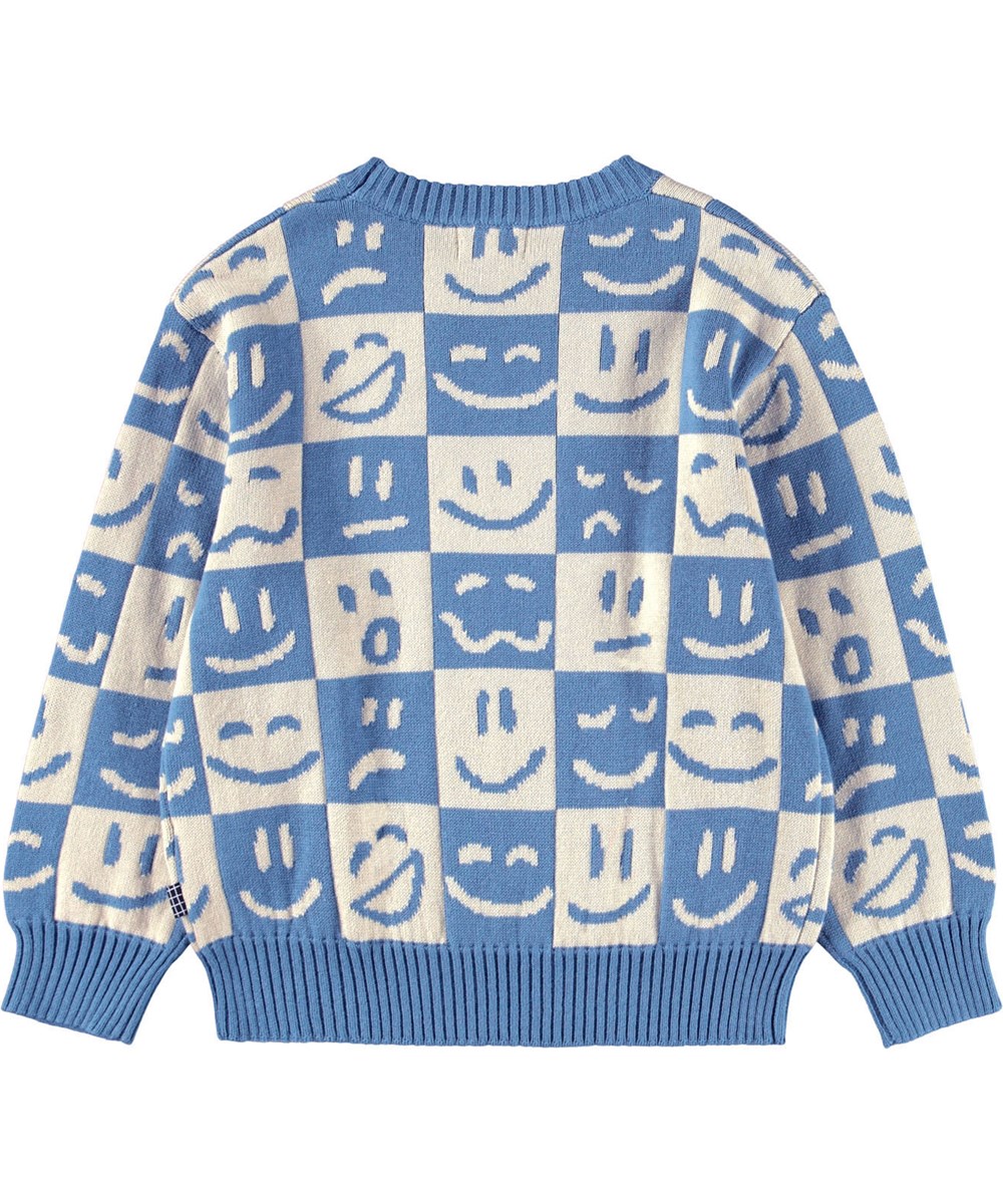 Bello - Moods Knit - Ternet striktrøje i en bomuld og uldblanding med mønster af smilende ansigter i blå og hvid.