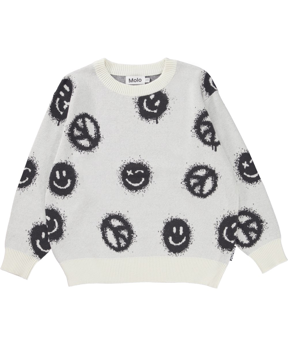 Bello - Peace Knit - Hvid striktrøje med smileyer og peace