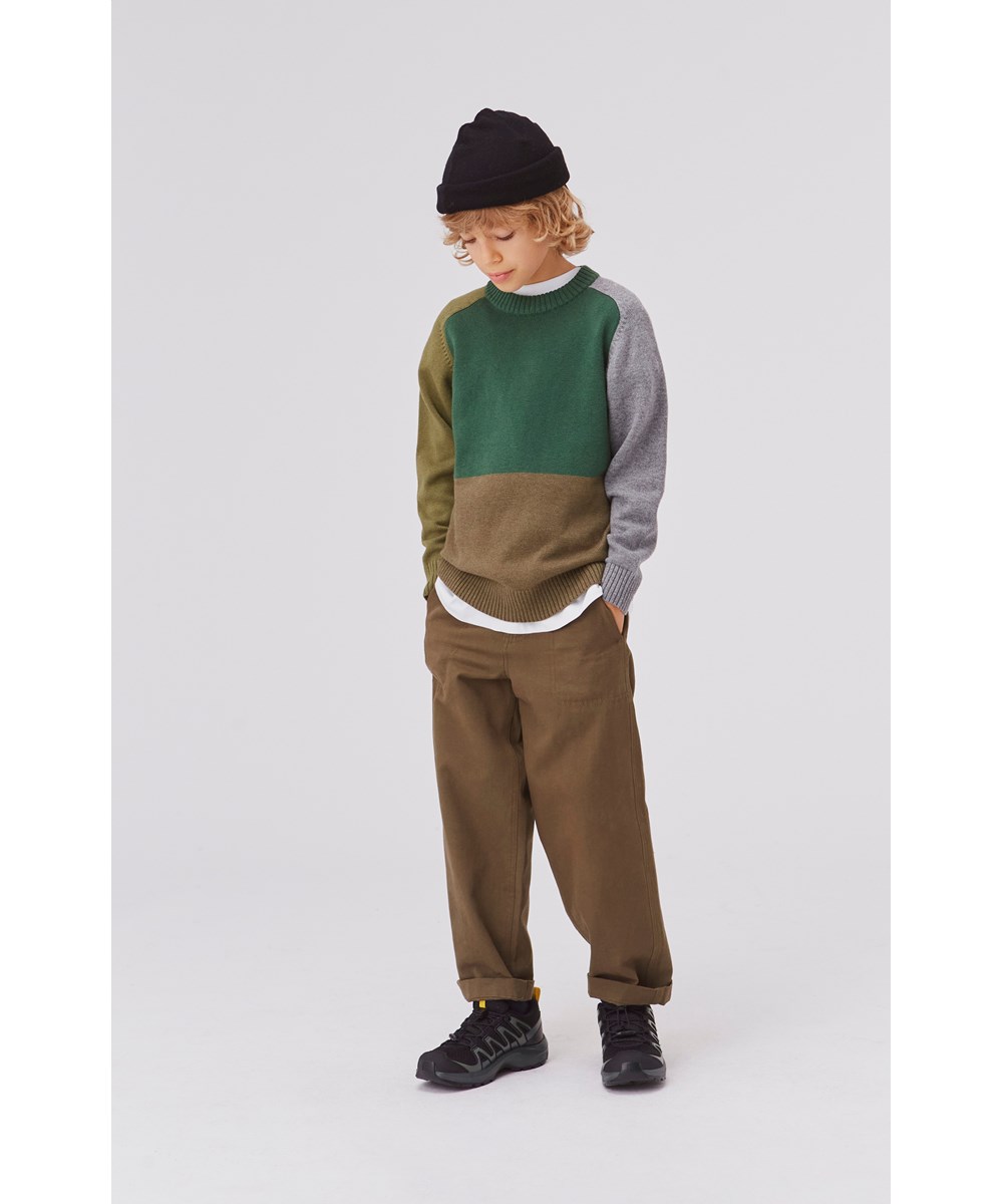 Buzz - Greenery - grøn og grå color block strik bluse