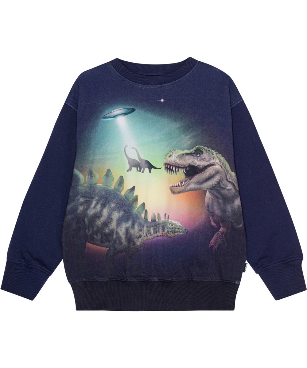Mattis - Beam Up Dinos - Blå økologisk sweatshirt med dino og ufoprint