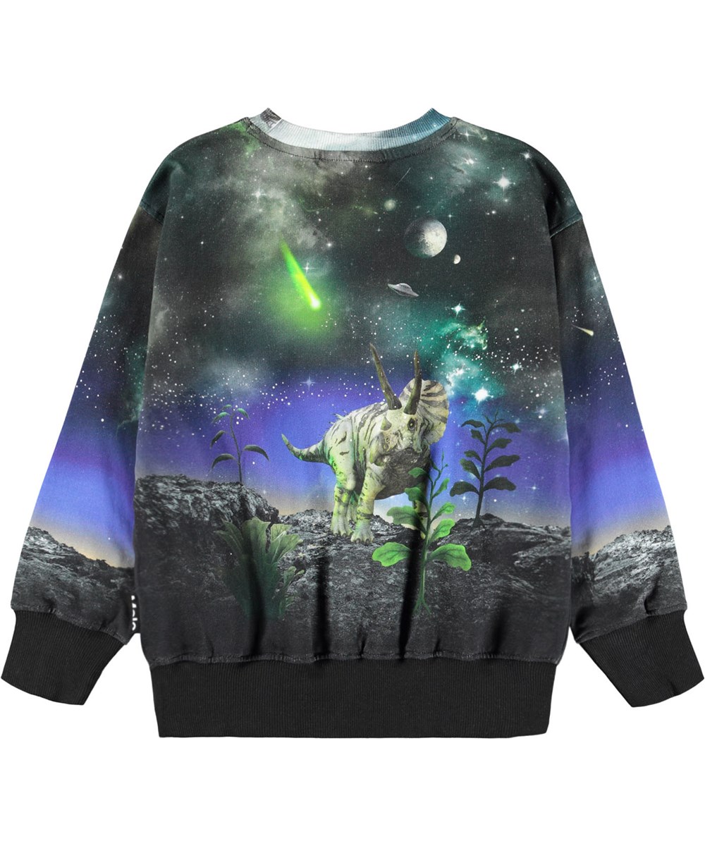 Mattis - Dino Drama - Mørk sweatshirt til børn i blødt økologisk bomuld med print af dinosaur og flot himmel. 