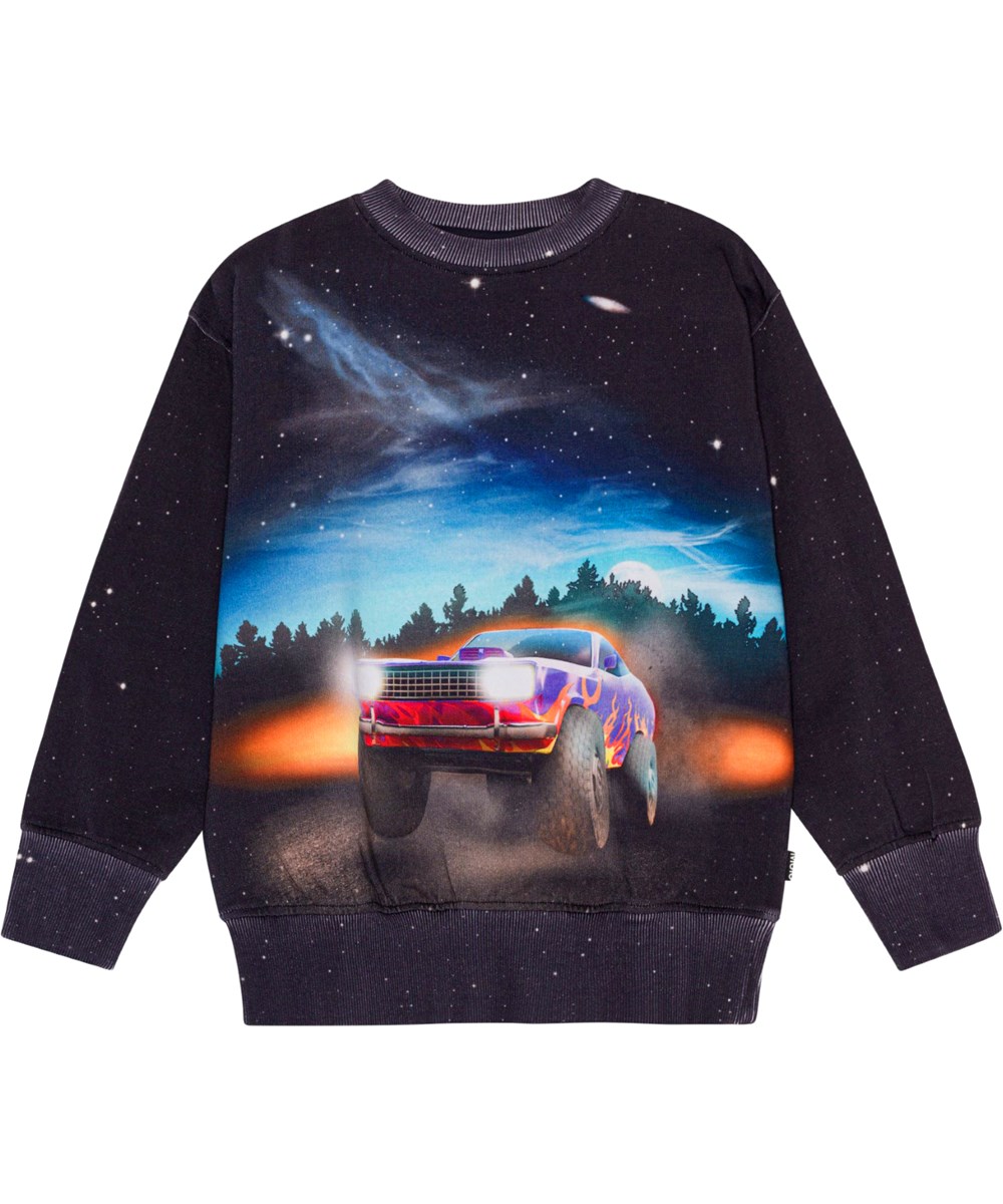 Mattis - Flame Car - Sort økologisk sweatshirt med bil og ufoprint