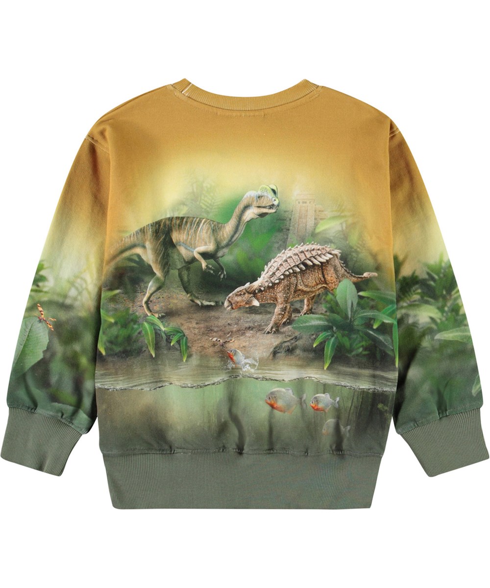 Mattis - Forest Dinos - Gul og grøn sweatshirt med print til børn i blødt økologisk bomuld med ribkanter ved hals, ærmer og i bunden af blusen.