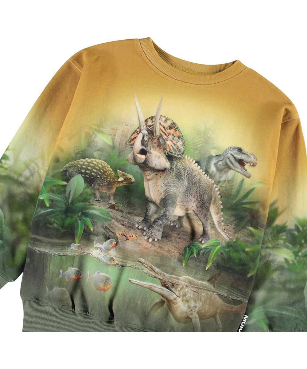 Mattis - Forest Dinos - Gul og grøn sweatshirt med print til børn i blødt økologisk bomuld med ribkanter ved hals, ærmer og i bunden af blusen.