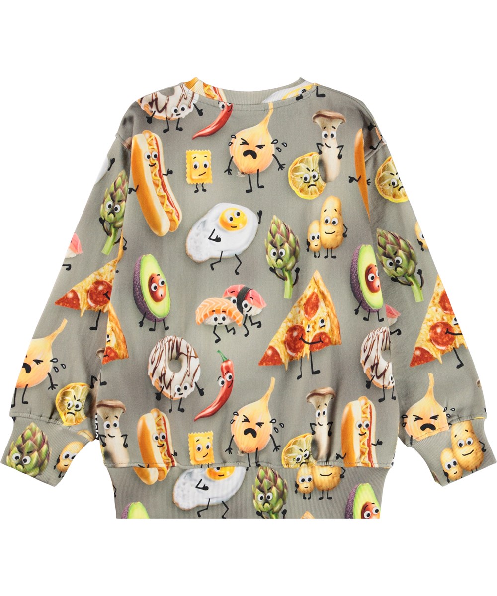 Mattis - Moody Foods - Grå sweatshirt til børn i blødt økologisk bomuld med print af mad med ansigter. 