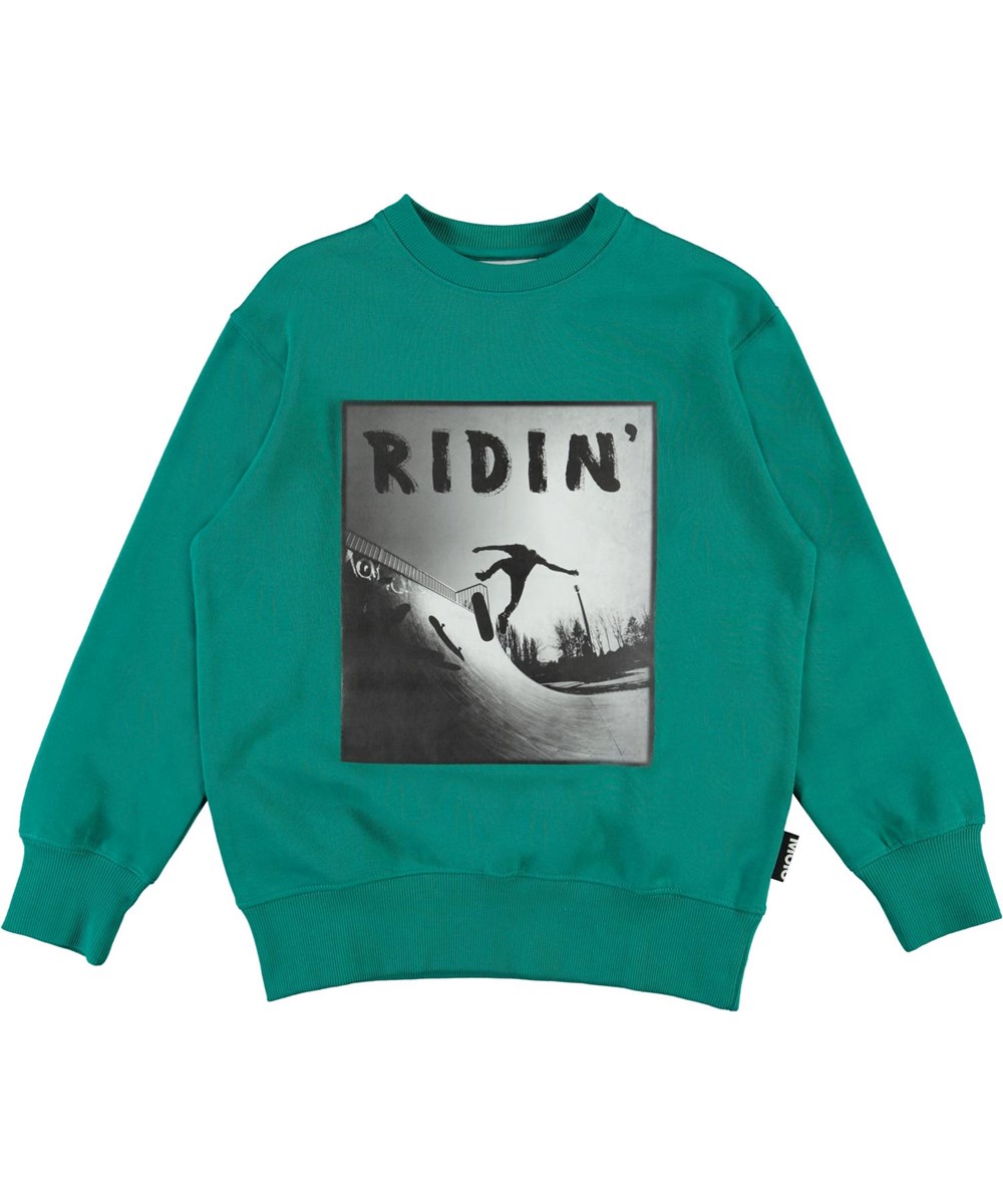 Mattis - Teal - Økologisk grøn sweatshirt med skater print