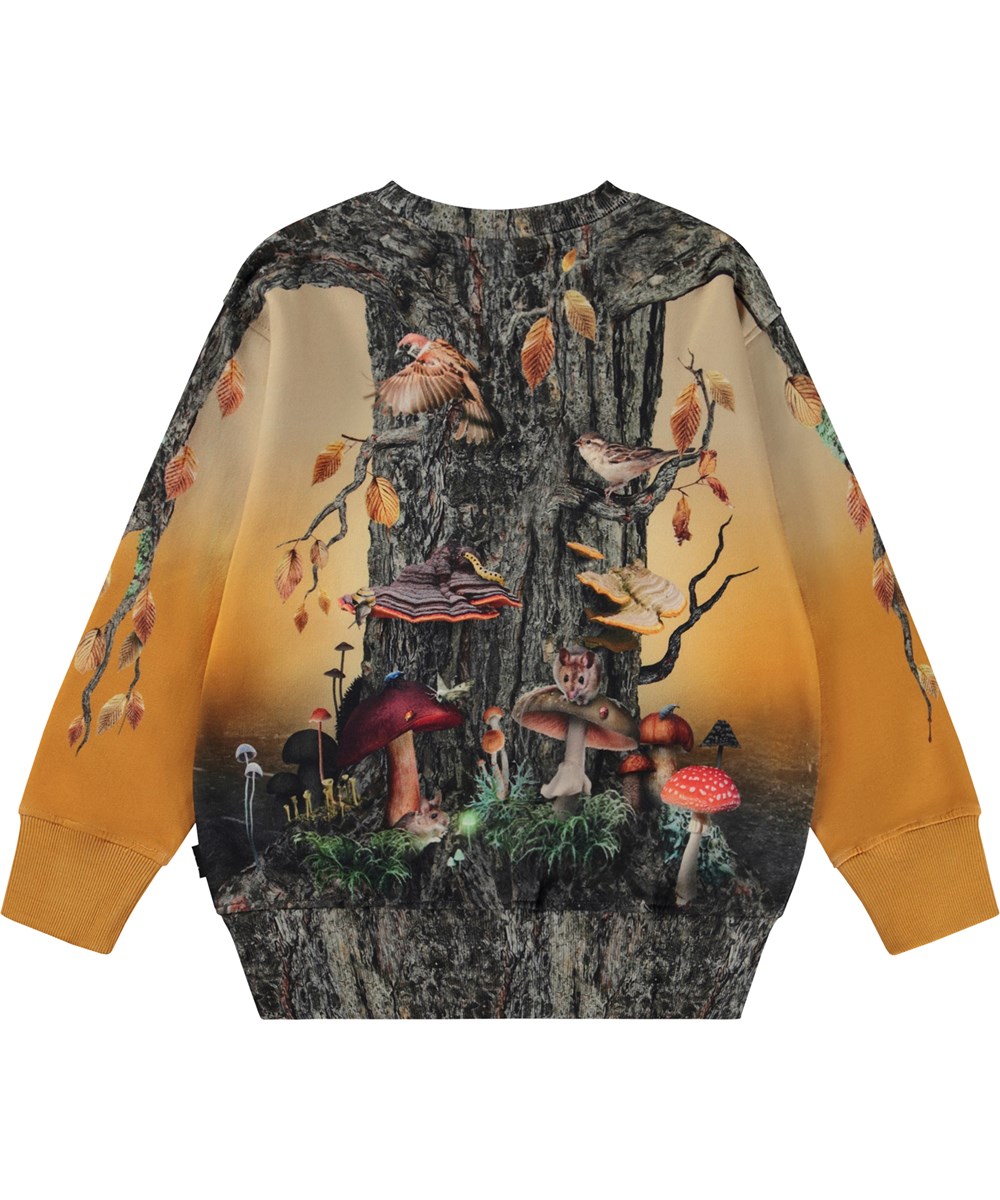 Mattis - Tree Life - Orange og brun økologisk sweatshirt med placement træstammeprint