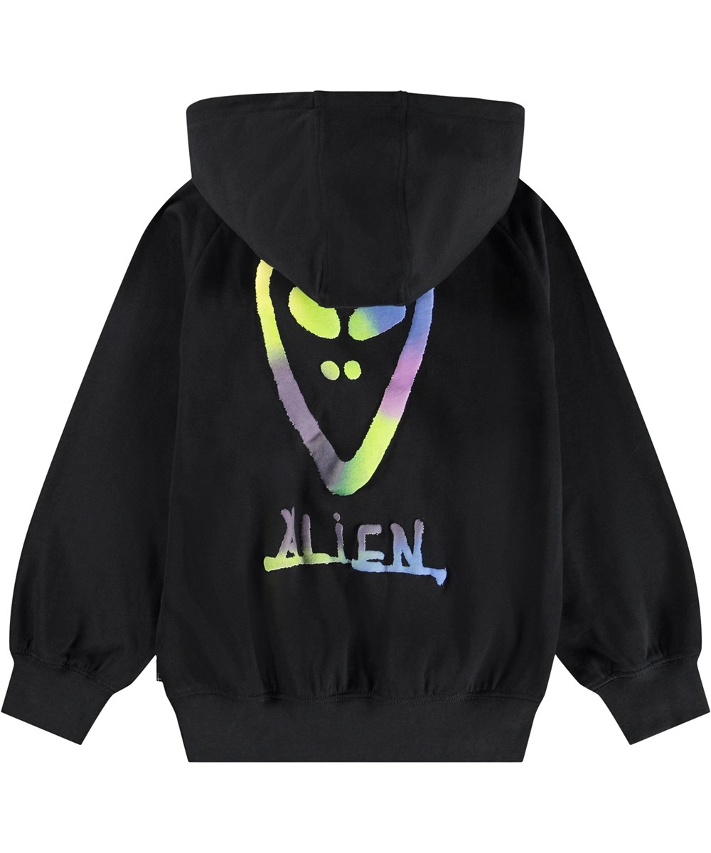 Mic - Black - Sort hættetrøje til børn i økologisk bomuld med farvestrålende alien print. 
