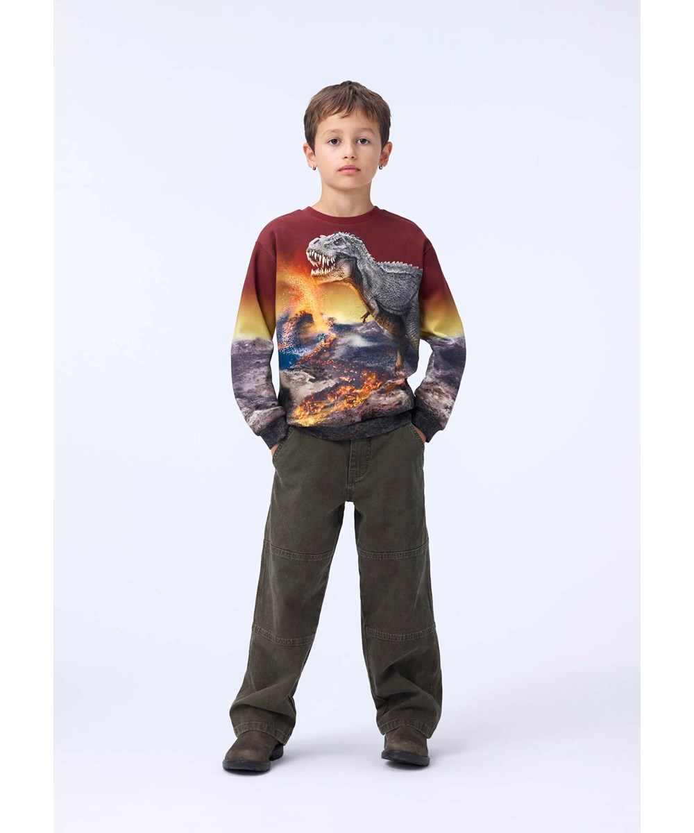 Miksi - Dino Landscape - Mørkerød sweatshirt til børn i blødt økologisk bomuld med dinoprint. 