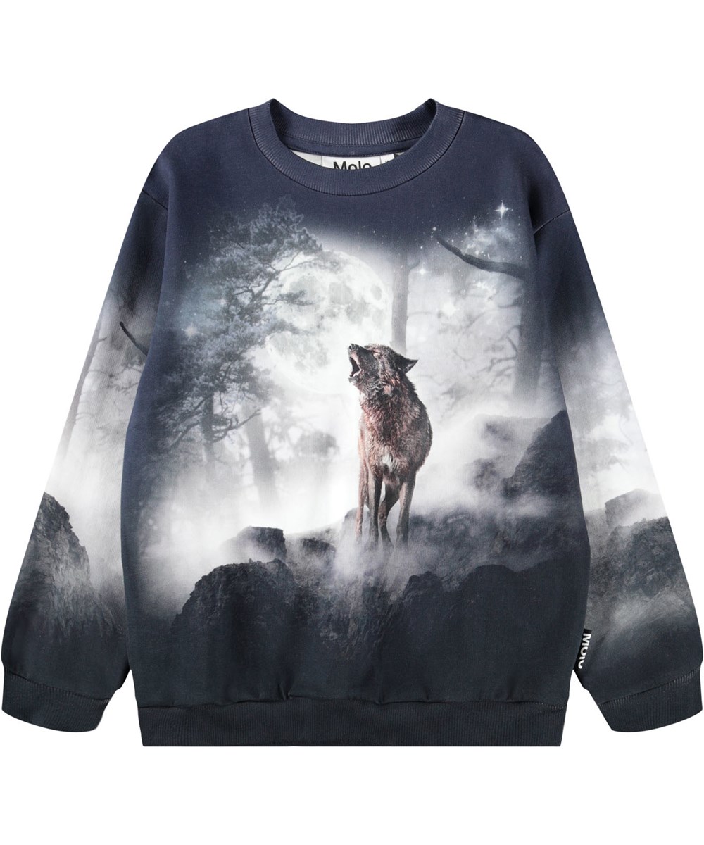 Miksi - Moonlit Wolves - Mørkeblå sweatshirt til børn i blødt økologisk bomuld med ulveprint. 