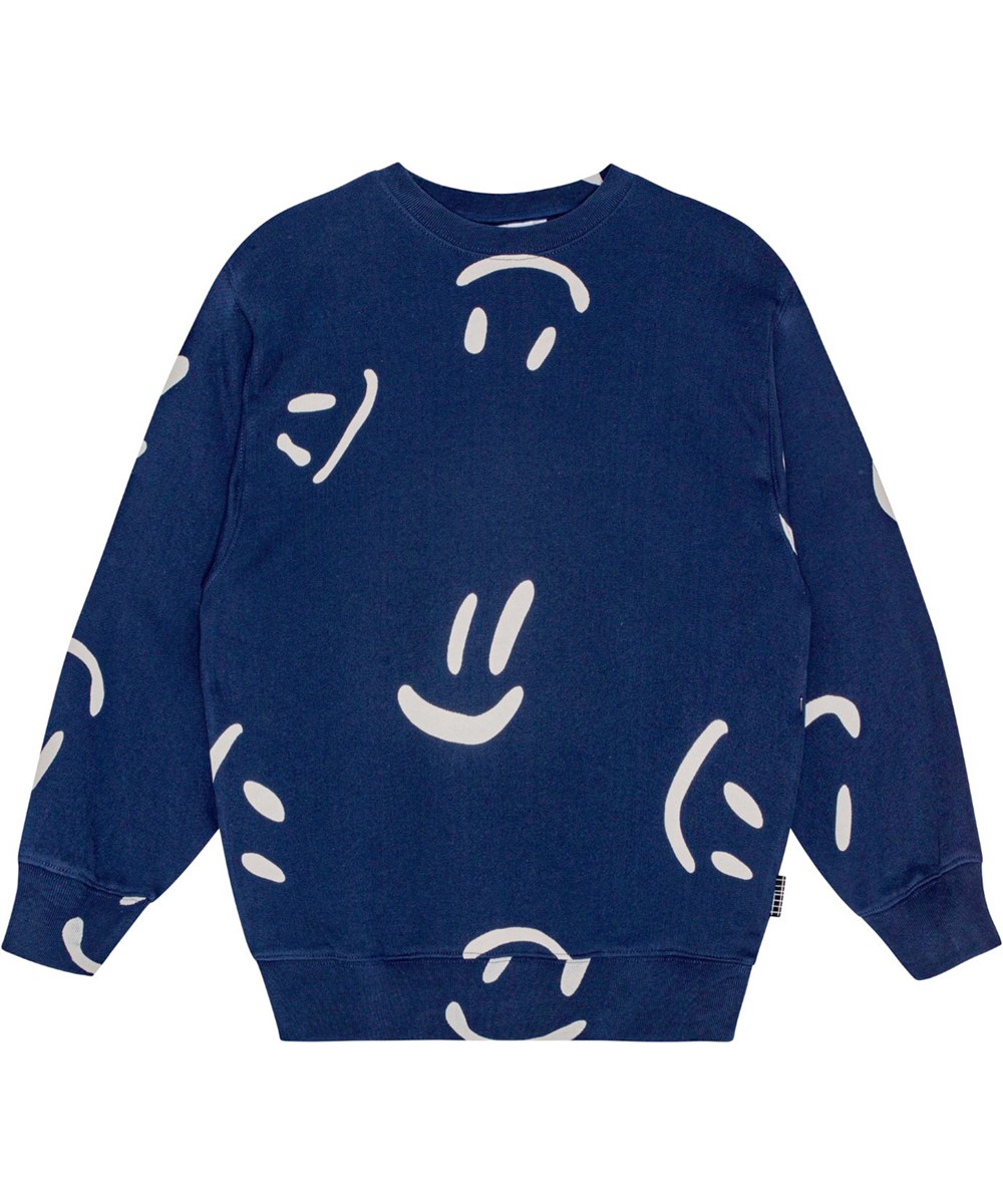 Monti - Big Smiles Navy - Mørkeblå økologisk sweatshirt med smil print