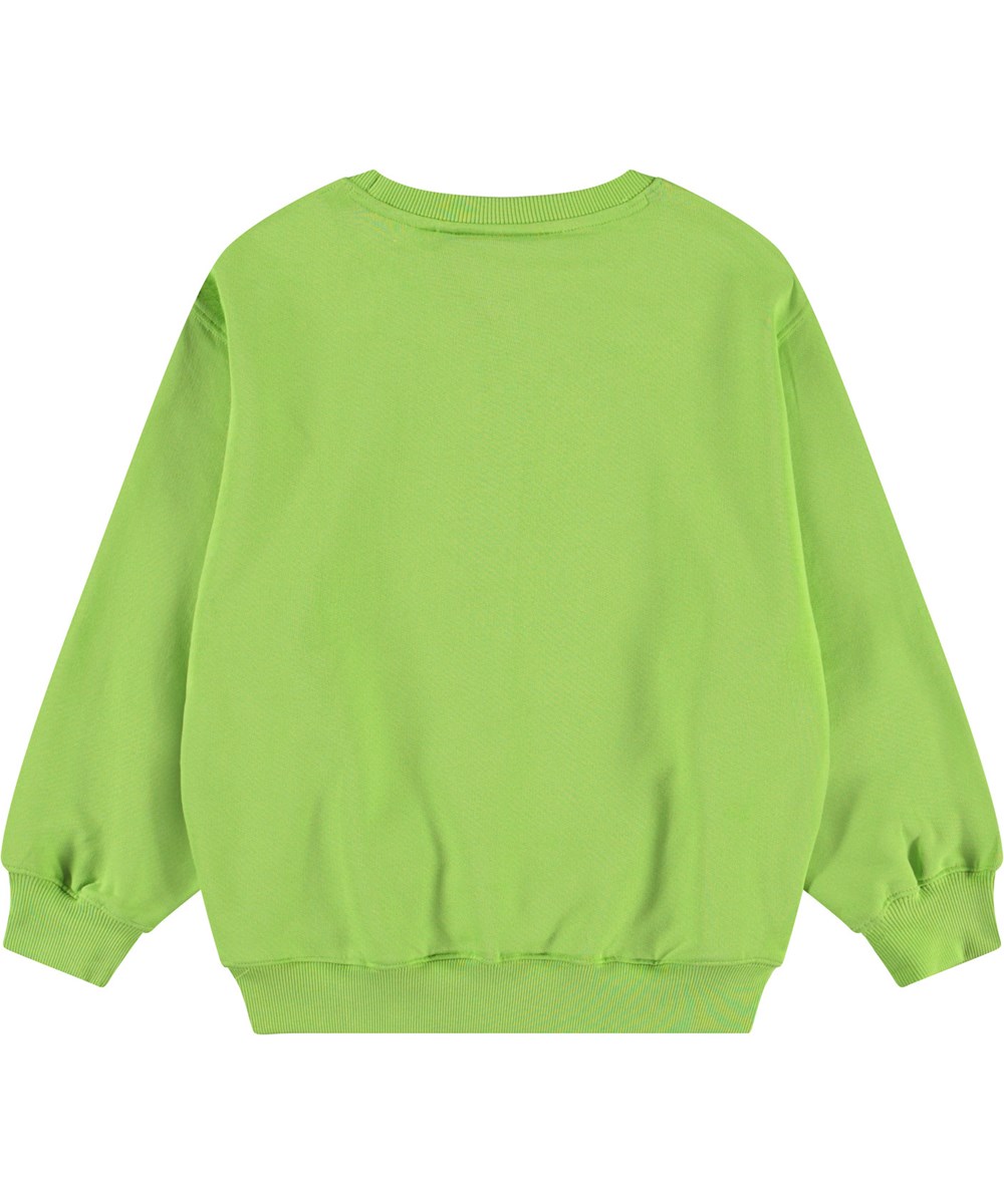 Monti - Cambuci - Grøn sweatshirt med print til børn i blødt, økologisk bomuld med ribkanter ved hals, ærmer og i bunden af blusen.