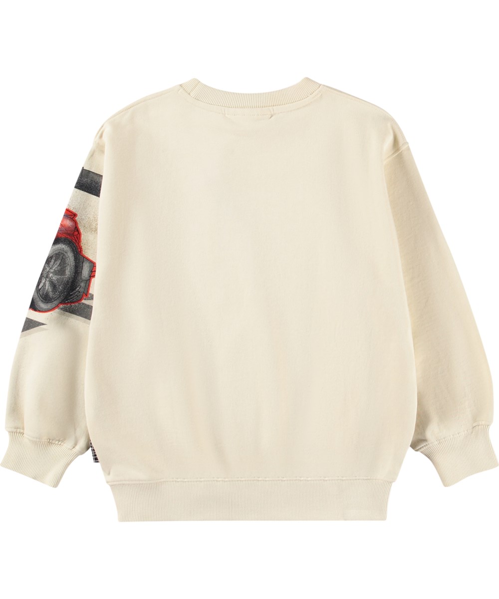 Monti - Car Race - Beige sweatshirt i økologisk bomuld med print af en racerbil til børn
