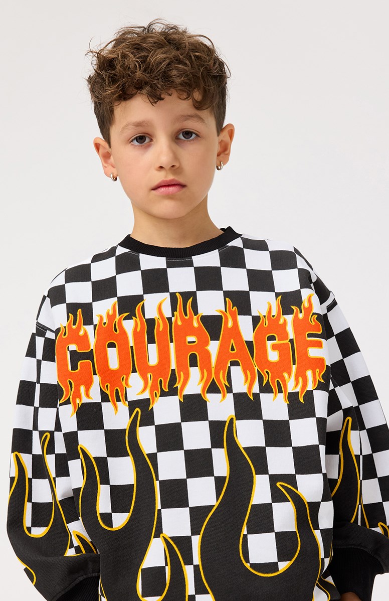 Monti - Check On Fire - Sort og hvidternet flammebluse sweatshirt med print til børn i blødt, økologisk bomuld med ribkanter ved hals, ærmer og i bunden af blusen.