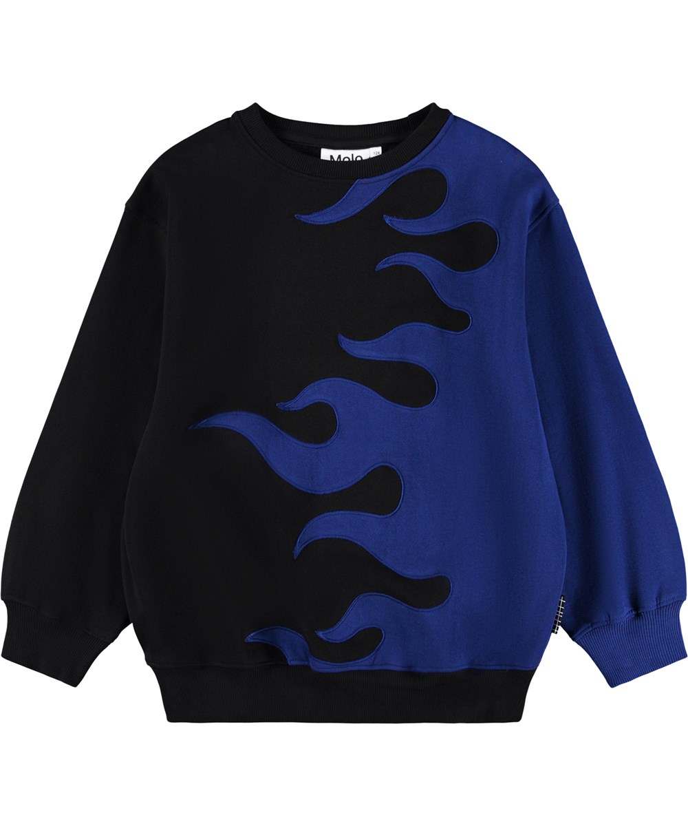 Monti - Flaming Blue - Sort og blå sweatshirt til børn i blødt økologisk bomuld med flammemotiv