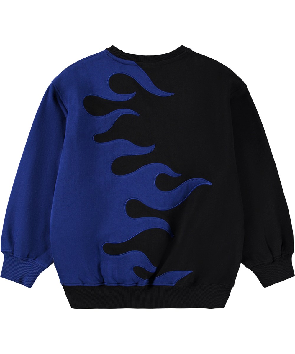 Monti - Flaming Blue - Sort og blå sweatshirt til børn i blødt økologisk bomuld med flammemotiv