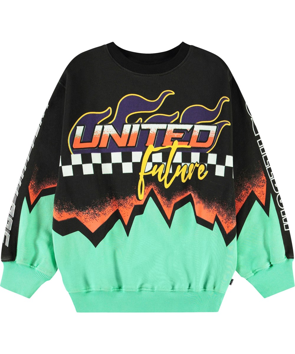 Monti - Future United - Sort og grøn sweatshirt med print til børn i blødt, økologisk bomuld med ribkanter ved hals, ærmer og i bunden af blusen.