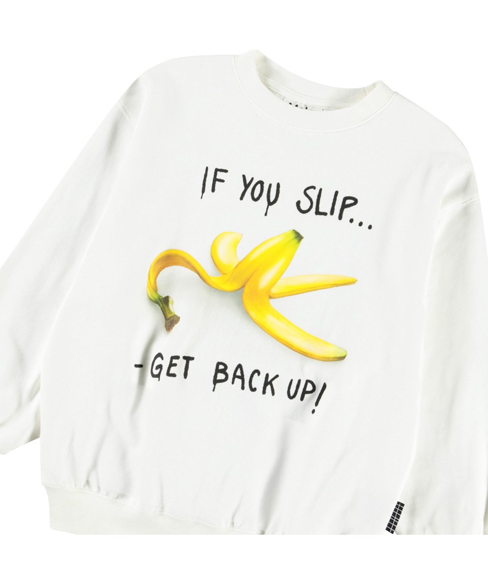 Monti - If You Slip___ - Hvid sweatshirt med print til børn i blødt, økologisk bomuld med ribkanter ved hals, ærmer og i bunden af blusen.