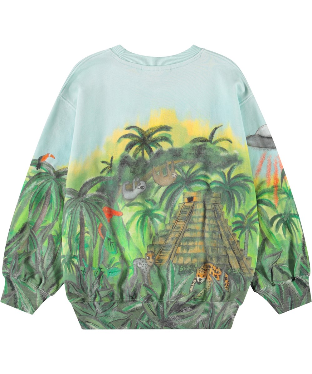 Monti - Jungle Visitors - Lyseblå sweatshirt med print til børn i blødt, økologisk bomuld med ribkanter ved hals, ærmer og i bunden af blusen.