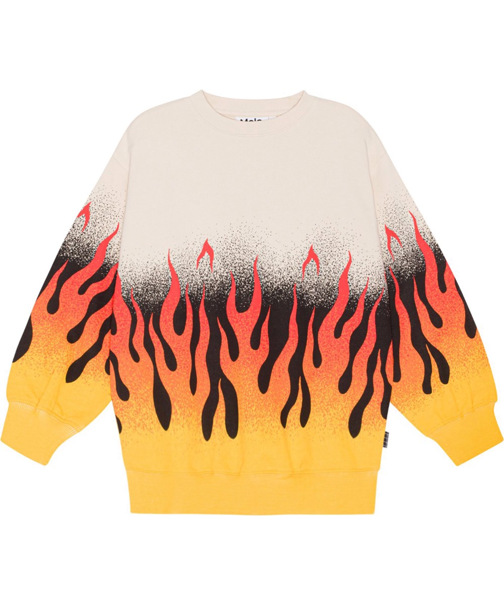 Monti - On Fire - Beige økologisk sweatshirt med orange flammeprint