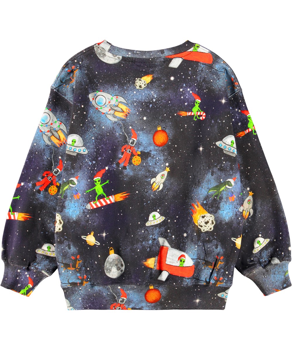 Monti - Space Holiday - Blå sweatshirt til børn i blødt økologisk bomuld med print af jul i rummet. 