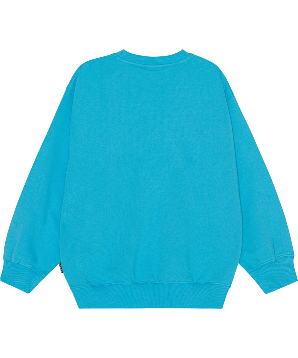 Monti - Turquoise Blue - Turkis økologisk sweatshirt med placeret on fire broderi