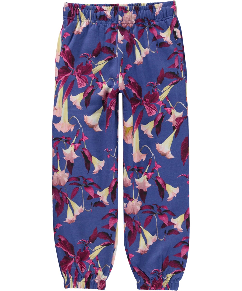 Adan - Angels Trumpets - Blå ekologiska joggingbyxor med blommigt mönster.
