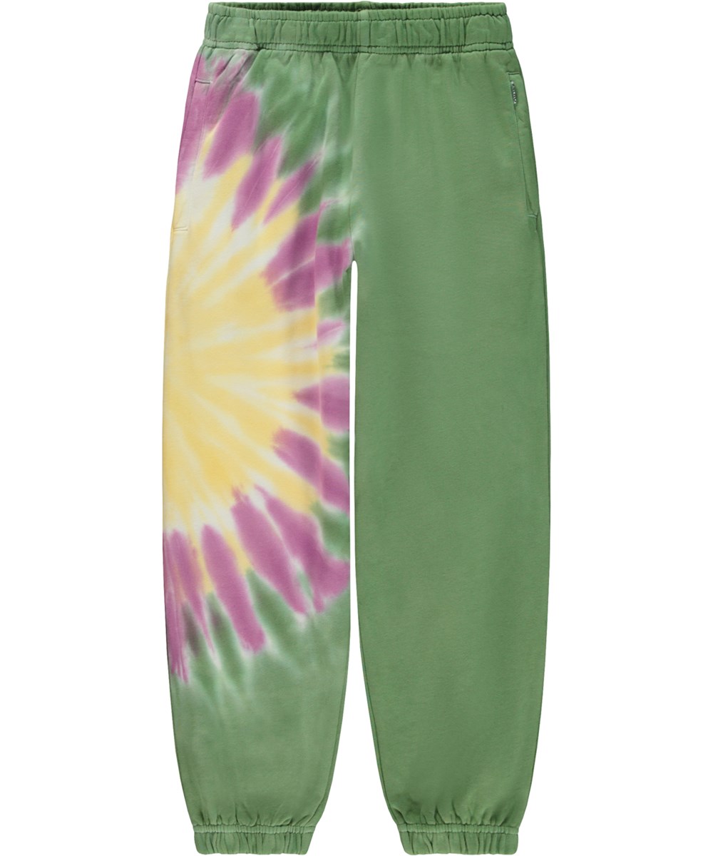 Adan - Floral Tie Dye - Gröna ekologiska joggingbyxor med tie-dye mönster.