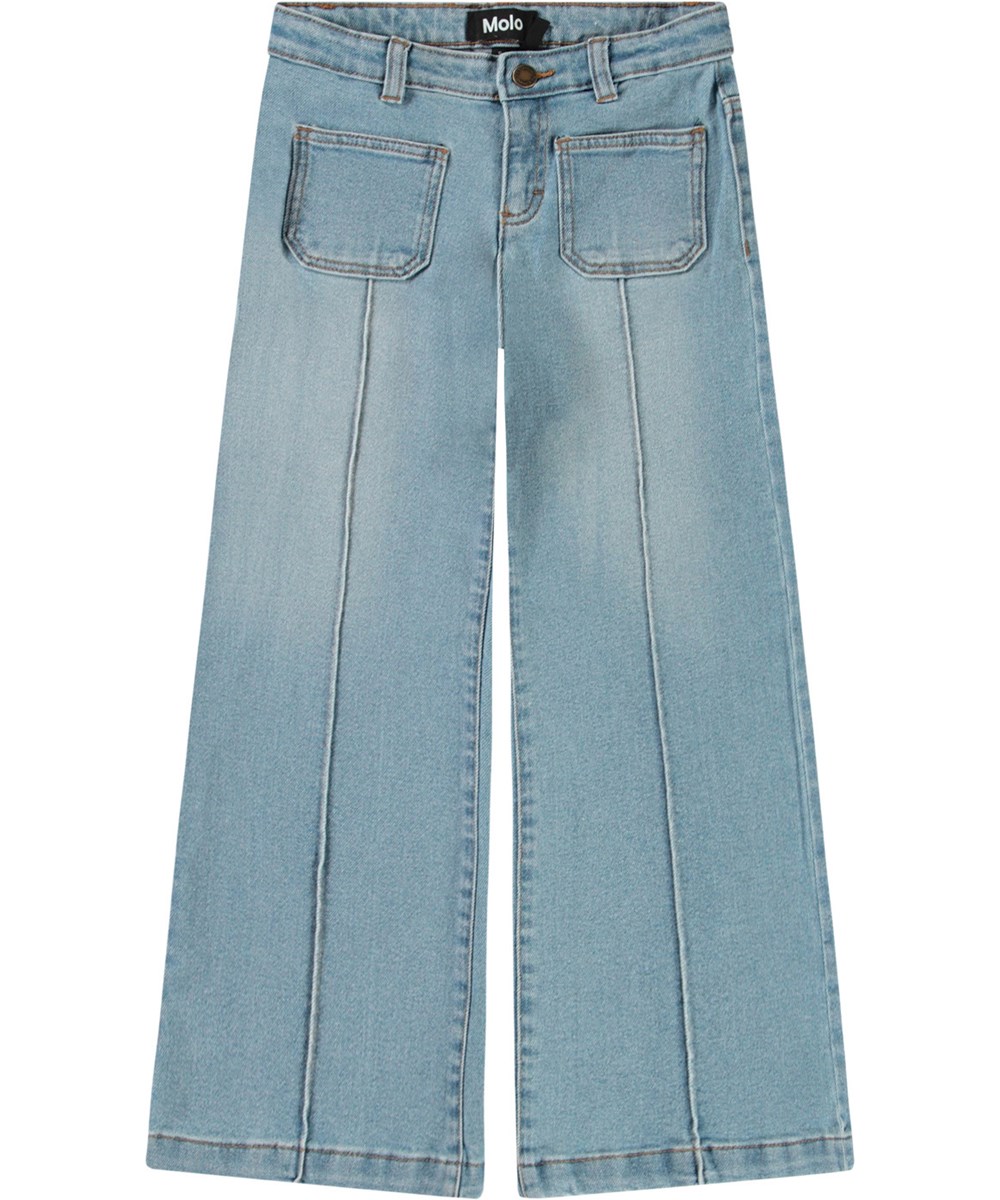 Adina - Clear Washed Blue - Jeans i denimblått från 70-talet med sydda veck i ekologisk bomull för barn.