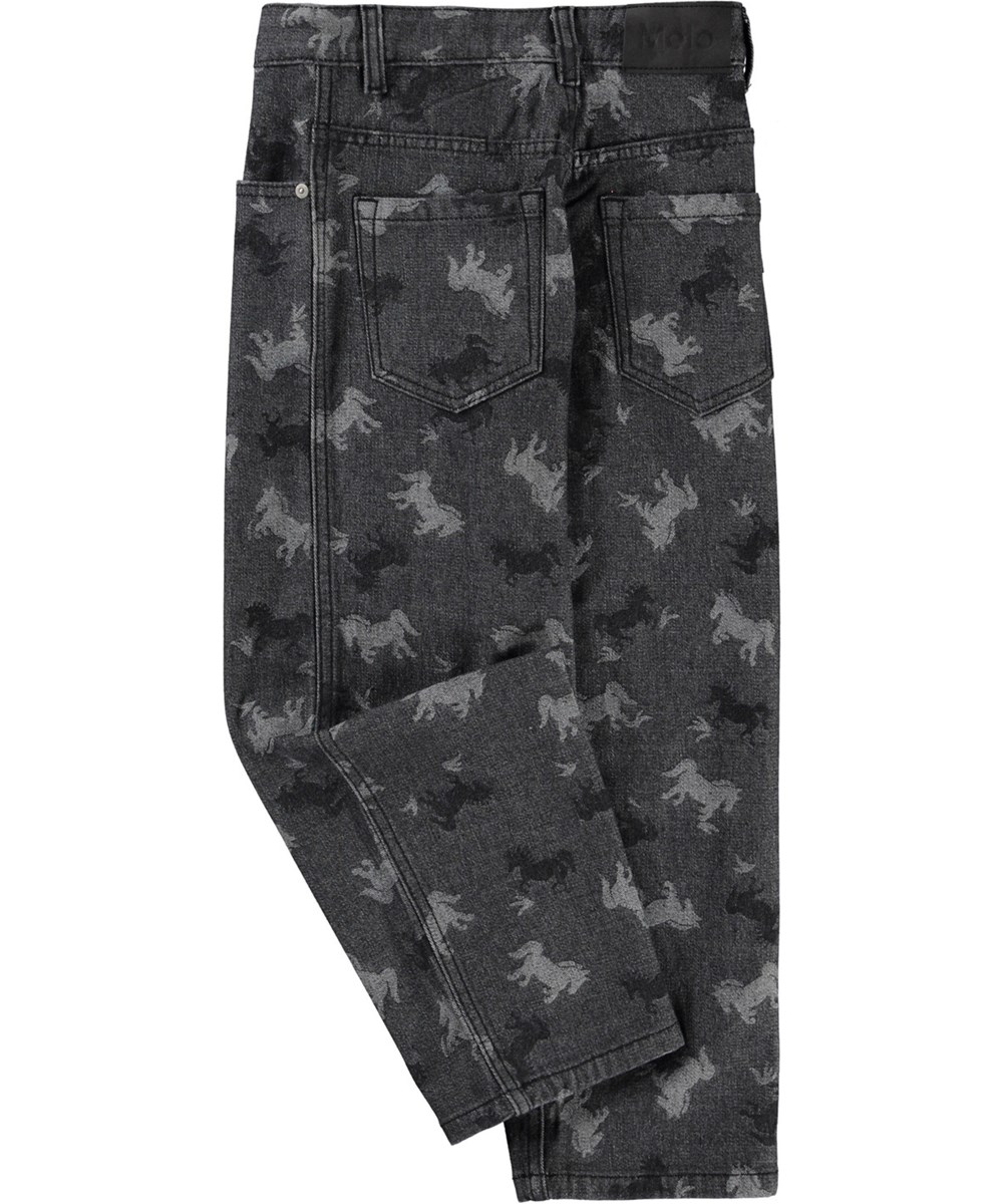 Aiden - Giddy-Up Denim - Mörkgrå denimjeans med vävda hästar för barn.