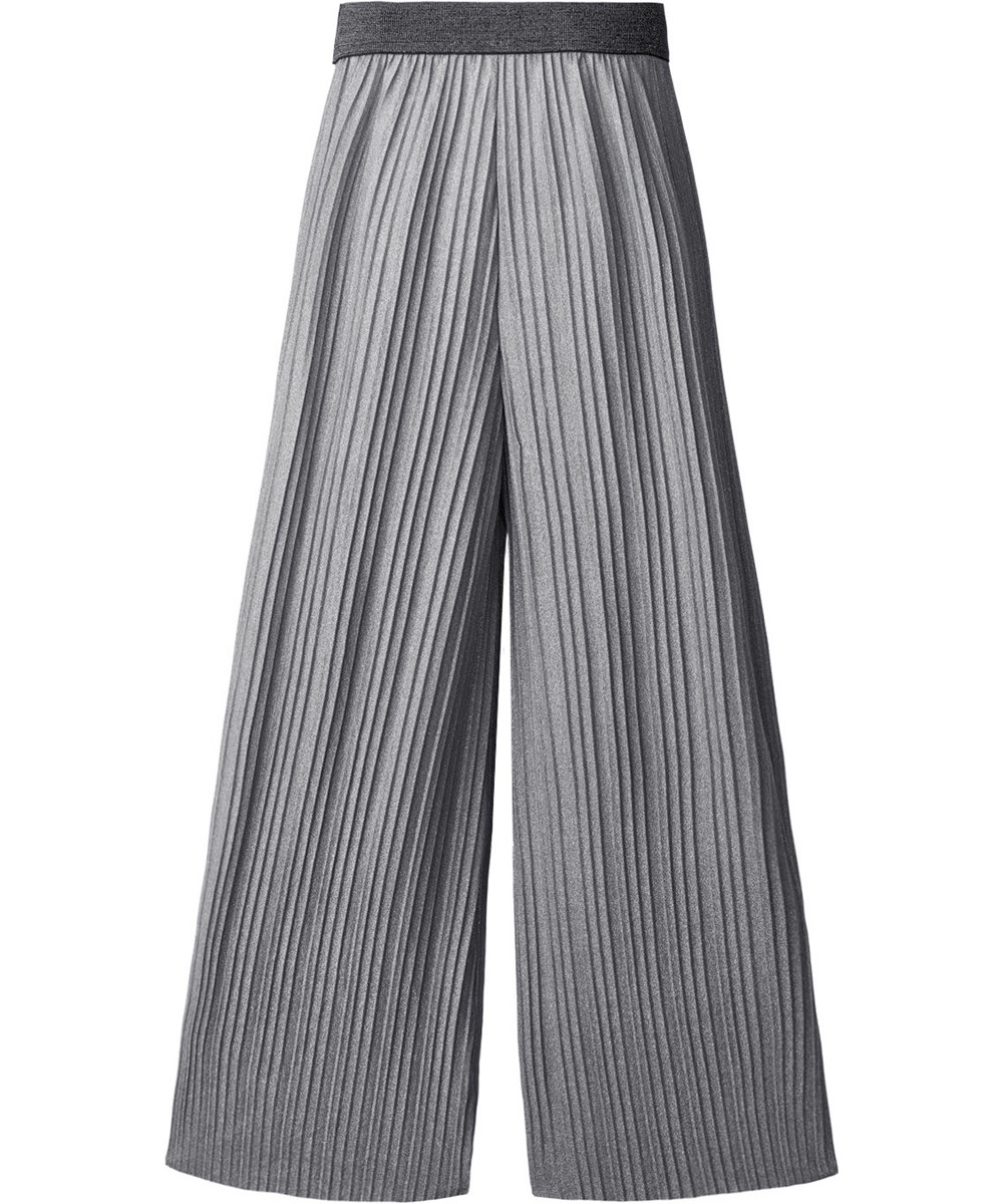 Alenna - Grey Flannel - Gråa veckade byxor för barn med silverglans.